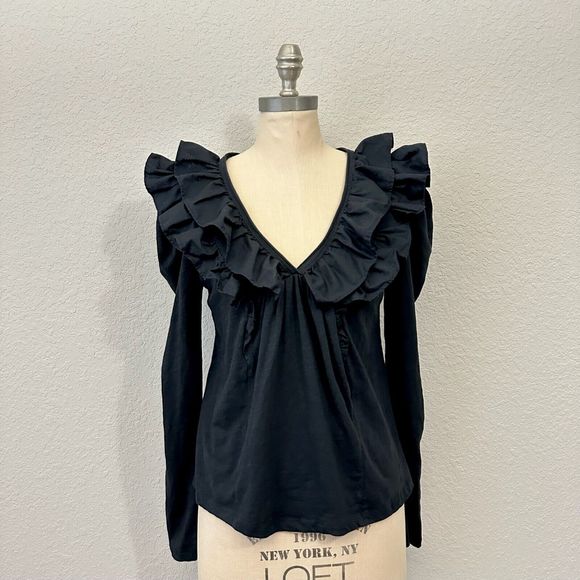 Anthropologie Tops - ANTHROPOLOGIE Long Sleeve Black Ruffled V-Neck Top